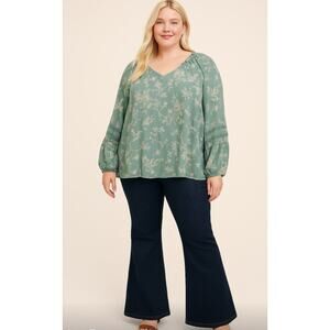Torrid Women's‎ Plus Size 5X Green Floral Boho Peasant Blouse Long Sleeve